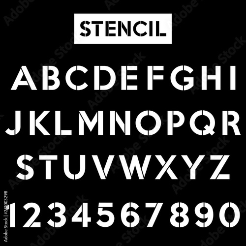 Stencil alphabet. Plate font in military style. Vector illustration.