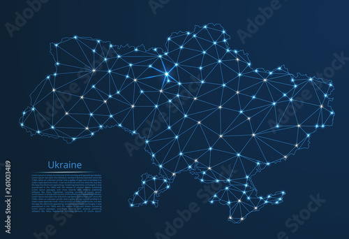 Ukraine communication network map. Vector low poly image of a global map with lights in the form of cities in or population density consisting of points and shapes in the form of stars and space.