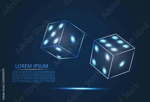 Abstract design of dice in flight. The concept of gambling in a casino. Blue lines, shapes and points.