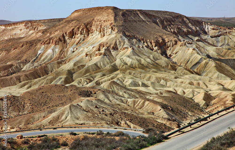 Machtesh Ramon - erosion crater in the Negev desert, the most picturesque natural landmark of Israel..  Unearthly landscapes, geological phenomena, absolute silence.