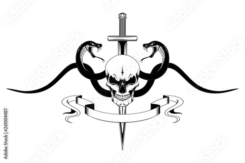Vector image of a skull with snakes and a sword. Black and white image on a white background.