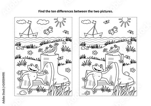 Summer joy themed find the ten differences picture puzzle and coloring page with gumboots and happy playful frogs.