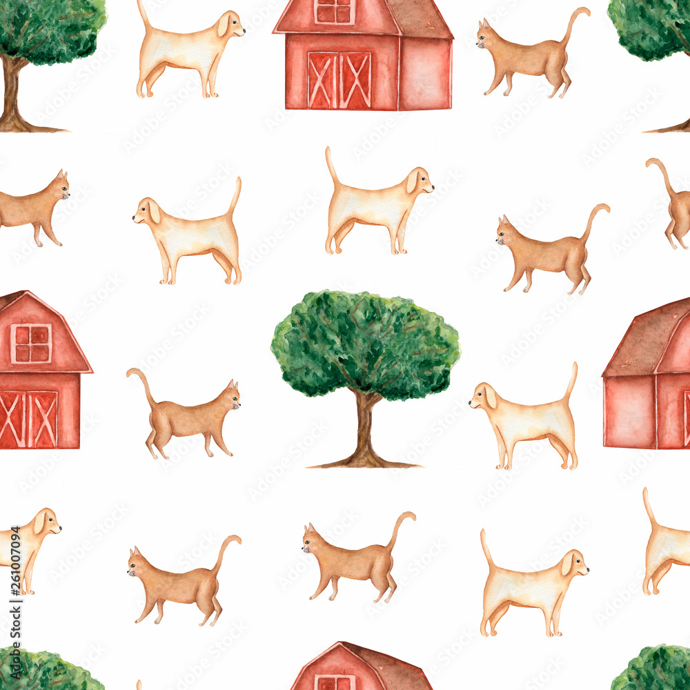 Watercolor farm  seamless pattern.Domestic animals. Hand drawn objects:cat,dog,tree,barn. Hand drawn background. Village life.