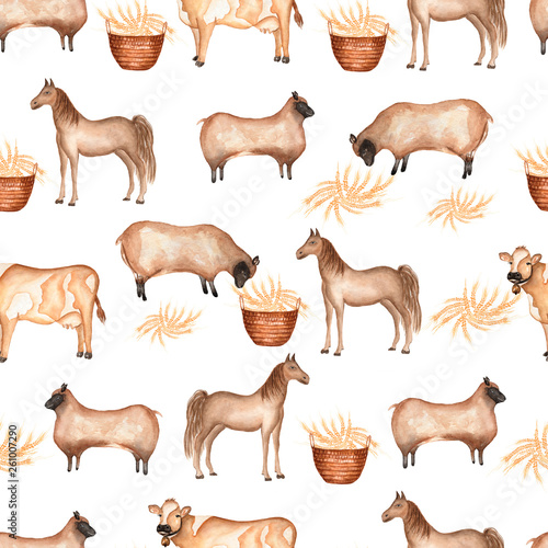Watercolor farm  seamless pattern. Hand drawn objects sheep horse wheet busket cow. Hand drawn background. Farm animal  life.