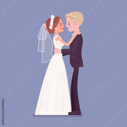 Bride and groom in gentle hug on wedding ceremony. Elegant man, woman in white beautiful dress on traditional celebration, married couple in love. Marriage customs and traditions. Vector illustration