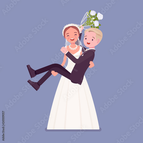 Bride carrying groom on wedding ceremony. Elegant man, woman in a beautiful white dress on traditional celebration, happy married couple in love. Marriage customs and traditions. Vector illustration