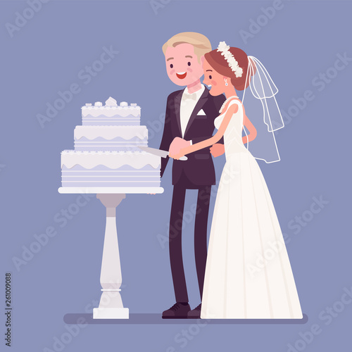 Bride, groom cutting cake on wedding ceremony. Elegant man, woman in beautiful white dress on traditional celebration, happy married couple in love. Marriage customs, traditions. Vector illustration