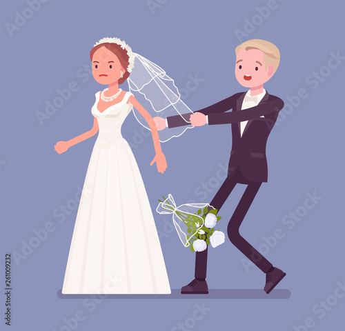 Angry bride leaving groom on wedding ceremony. Unhappy woman in a white dress going away from future husband, changing her mind, refusing to marry, break traditional celebration. Vector illustration