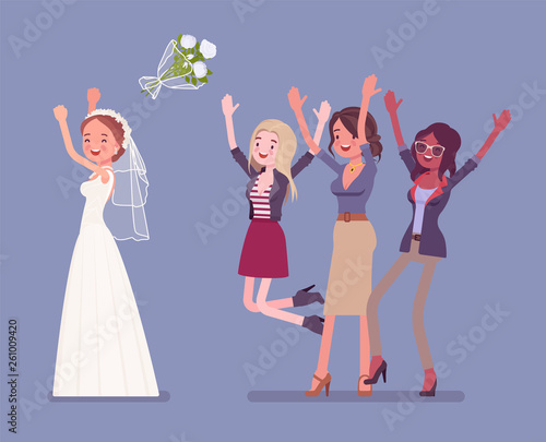 Bride and bridesmaids in bouquet toss tradition on wedding ceremony. Woman in a beautiful white dress throwing flowers on traditional celebration. Marriage customs and traditions. Vector illustration