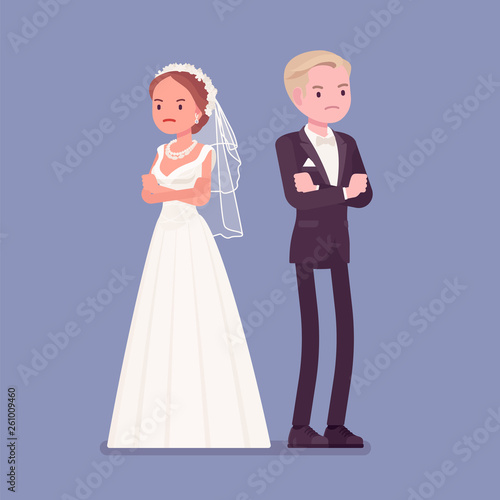 Angry offended bride and groom on wedding ceremony. Unhappy man and woman in beautiful white dress on traditional celebration, sad married couple. Marriage customs and traditions. Vector illustration