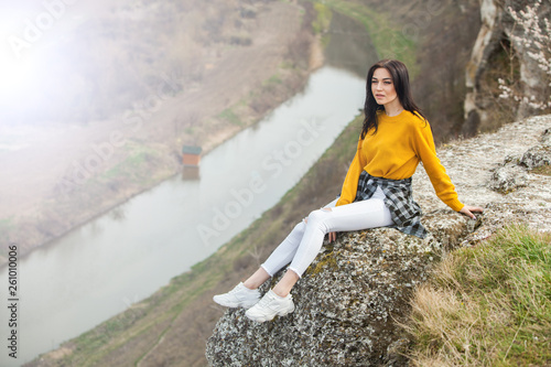 Travel Tourist Happy Woman. Travel and wanderlust concept Amazing atmospheric moment. happy woman traveling. Attractive woman relaxing ioutdoor  photo