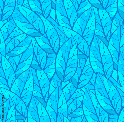 Abstract seamless vector pattern of leaves. Winter theme. Dark and light blue colors. Isolated