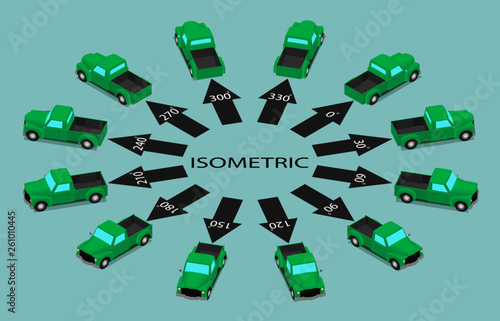 Twelve identical retro pickups on the background of arrows. Parked green cars in different angles.