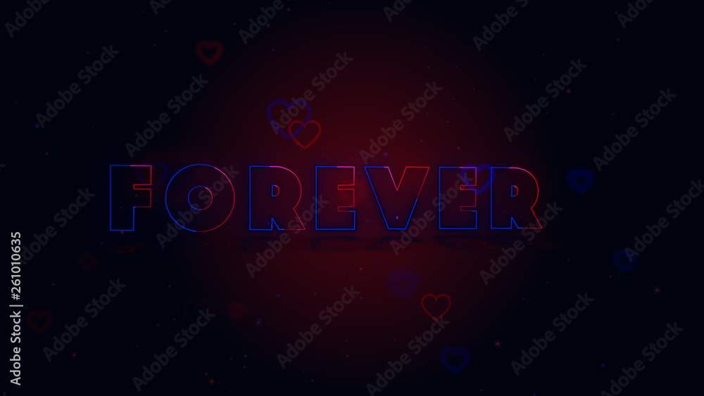 Forever together. Little hearts are on dark background with sparks. Conceptual neon backgroud.