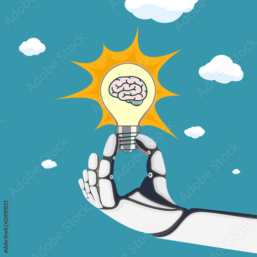 Robot hand holds a light bulb with a human brain.