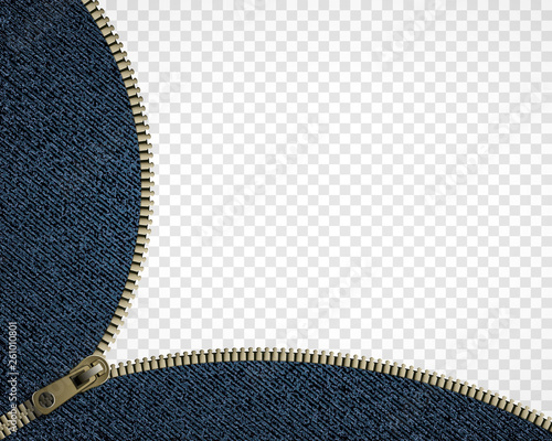 Zipper on denim. Isolated on a transparent background.