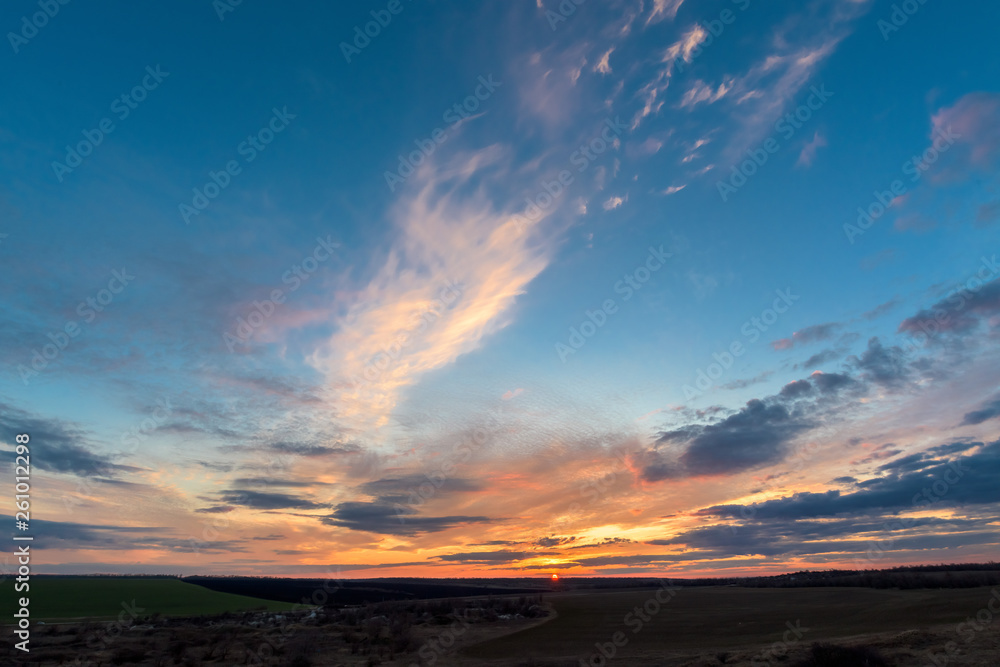 panorama of the sky at sunset, pink clouds, background image.