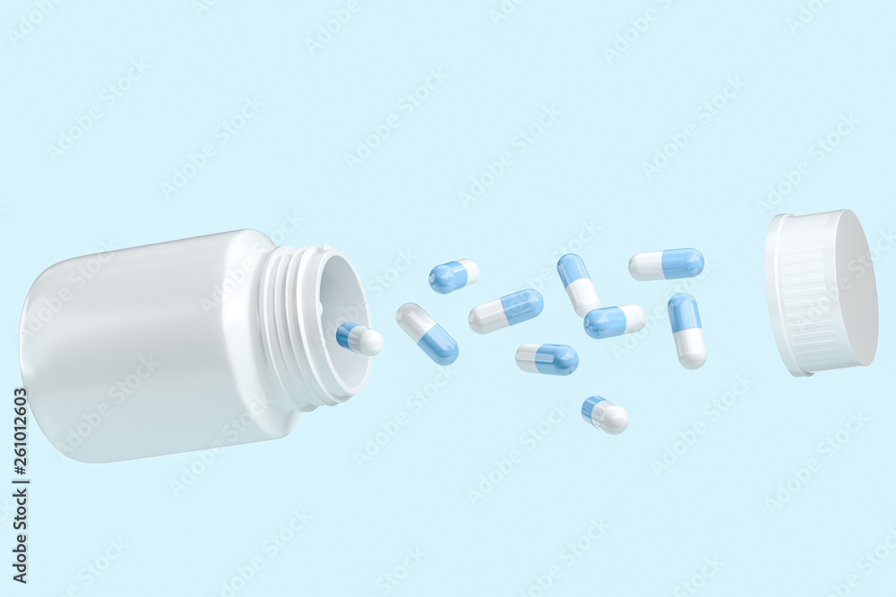 3d rendering, white medicine bottle with capsules 3d rendering, white medicine bottle with capsules
