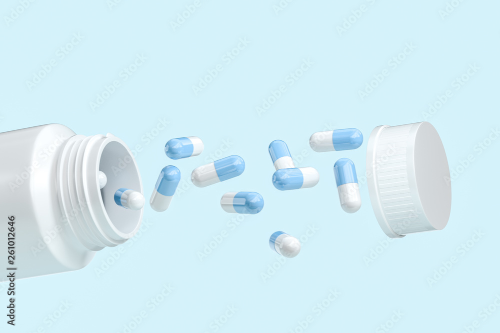 3d rendering, white medicine bottle with capsules 3d rendering, white medicine bottle with capsules