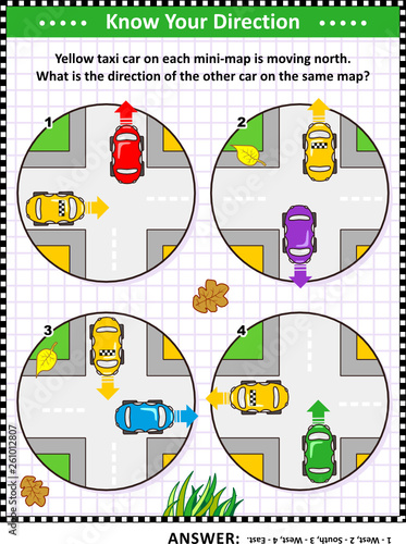 Map skills learning and training activity page or worksheet: Yellow taxi car on each mini-map is moving north. What is the direction of the other car on the same map? Answer included.