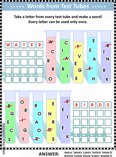 Word game (English language) for kids or adults: Make five words by taking a letter from each test tube. Answer included. Water and birds themed.