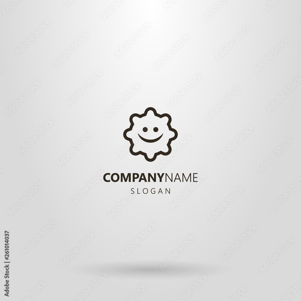 black and white simple vector line art cartoon logo of a smiling sun