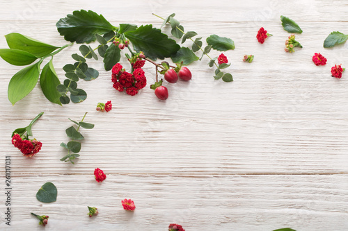 red flowers with leaves on white wooden background
