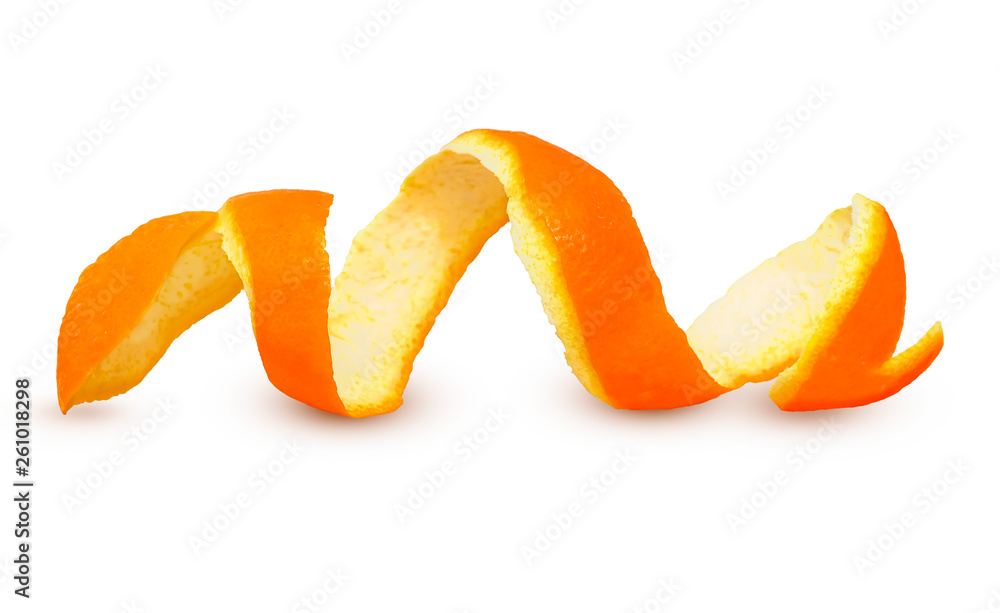 Spiral peeled fresh orange peel isolated on white background Spiral peeled fresh orange peel isolated on white background