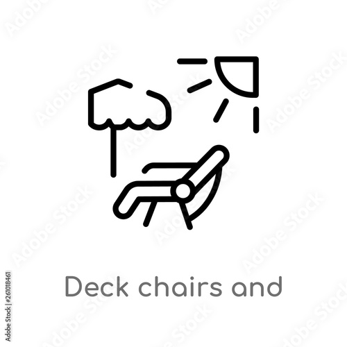 outline deck chairs and sun vector icon. isolated black simple line element illustration from summer concept. editable vector stroke deck chairs and sun icon on white background