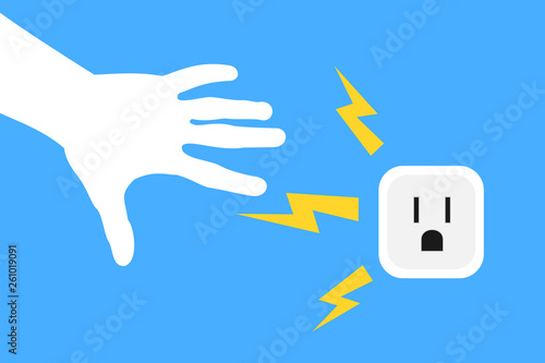 Electric shock - hand is touching dangerous electrical outlet and wall socket / plug. Vector illustration