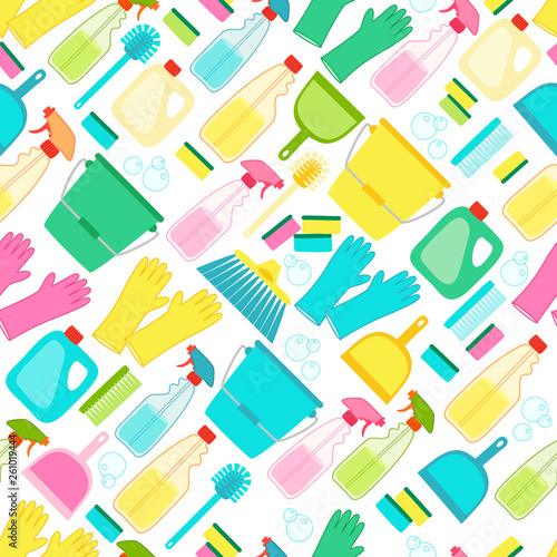 Cute spring cleaning utensils seamless background in vivid eye catching colors