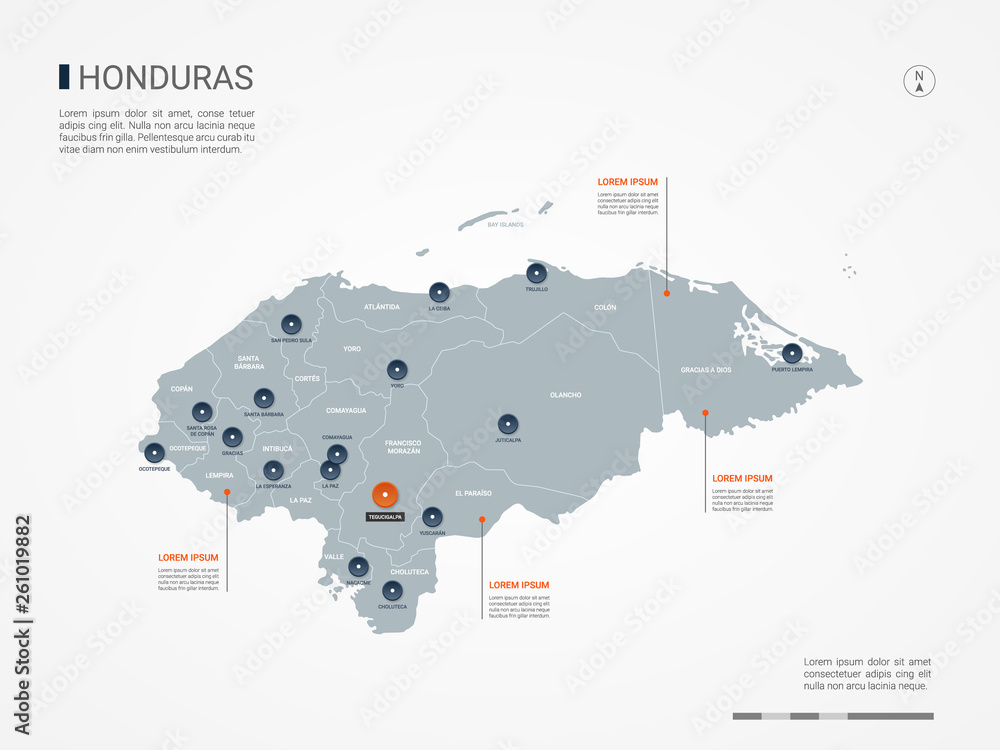 Honduras map with borders, cities, capital and administrative divisions