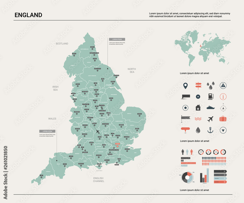 Vector map of England. High detailed country map with division, cities