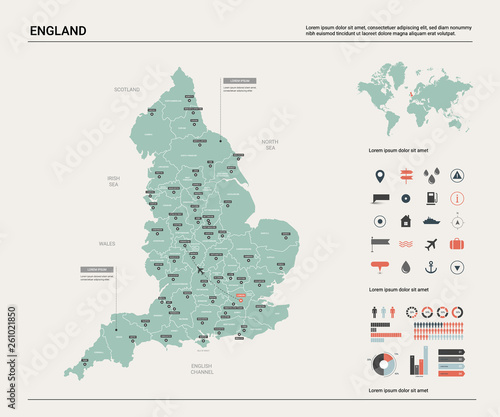 Vector map of England.  High detailed country map with division, cities and capital London. Political map,  world map, infographic elements.