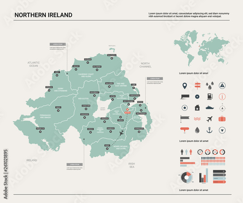 Vector map of Northern Ireland. High detailed country map with division, cities and capital Belfast. Political map, world map, infographic elements.