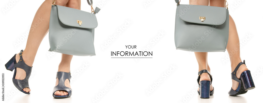 Φωτογραφία Set woman legs feet black dress blue shoes blue purse bag on white baclground is