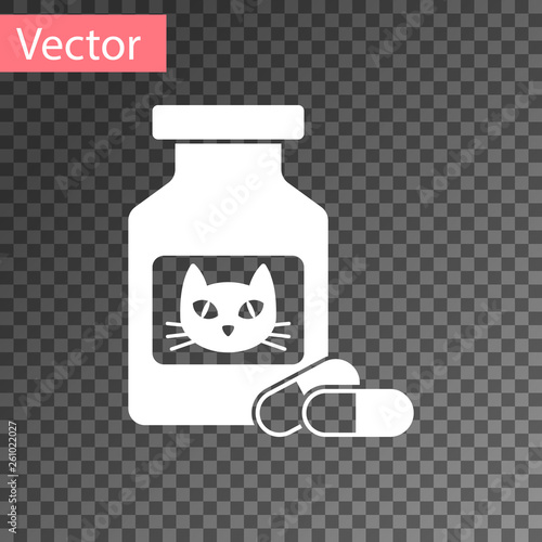 White Cat medicine bottle and pills icon isolated on transparent background. Container with pills. Prescription medicine for animal. Vector Illustration