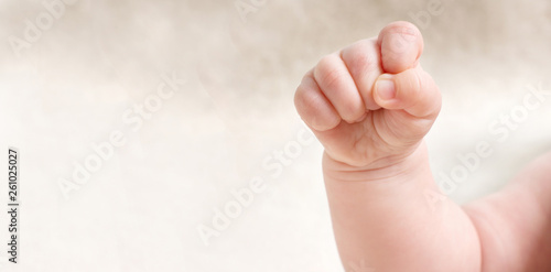 Little baby hand clenched into fist. Tiny new born baby's arm closeup on light background. Copy space photo