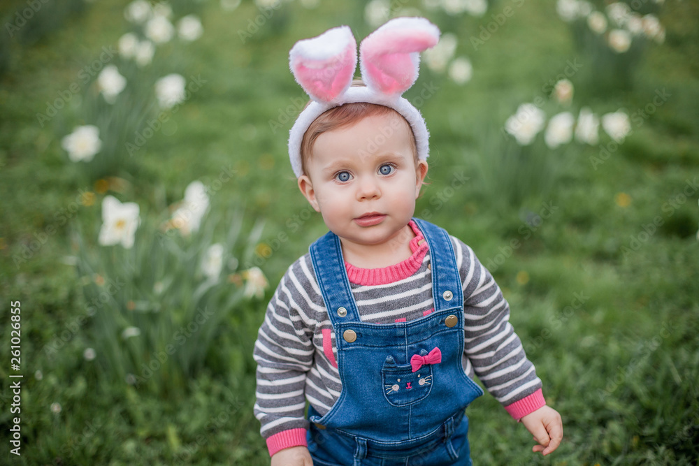 Little cute girl sitting on the grass near the daffodils. Girl in the costume of the Easter Bunny.