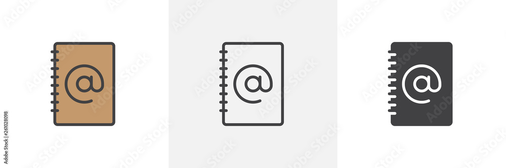 Contact book icon. Line, glyph and filled outline colorful version, Address book, agenda outline and filled vector sign. Symbol, logo illustration. Different style icons set. Vector graphics Contact book icon. Line, glyph and filled outline colorful version, Address book, agenda outline and filled vector sign. Symbol, logo illustration. Different style icons set. Vector graphics