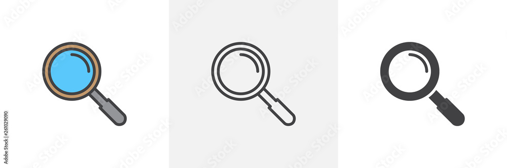 Magnifying glass icon. Line, glyph and filled outline colorful version, Search, find magnifier outline and filled vector sign. Symbol, logo illustration. Different style icons set. Vector graphics Magnifying glass icon. Line, glyph and filled outline colorful version, Search, find magnifier outline and filled vector sign. Symbol, logo illustration. Different style icons set. Vector graphics