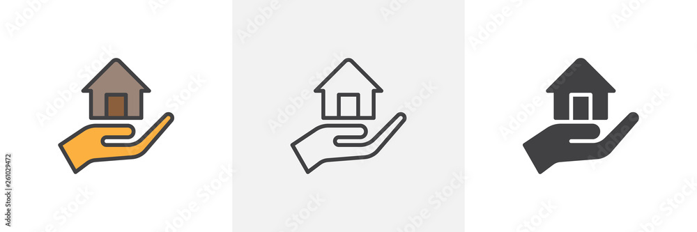 Hand holding up house icon. Line, glyph and filled outline colorful version, Home and hand outline and filled vector sign. Mortgage symbol logo illustration. Different style icons set. Vector graphics Hand holding up house icon. Line, glyph and filled outline colorful version, Home and hand outline and filled vector sign. Mortgage symbol logo illustration. Different style icons set. Vector graphics