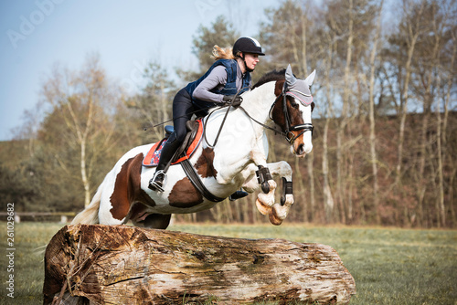 Reiterin springt mit ihrem Pferd in der Vielseitigkeit über einen Baumstamm