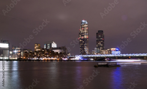 London  UK  january 2019. City skyline at night. City lights reflecting in the Thames river water