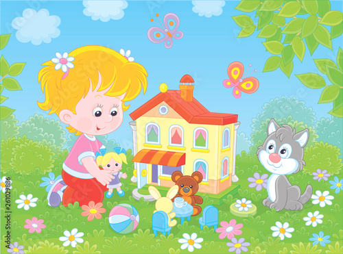 Cute little girl playing with a small doll  a bear  a rabbit and a toy house among flowers on a sunny summer day  vector illustration in a cartoon style 