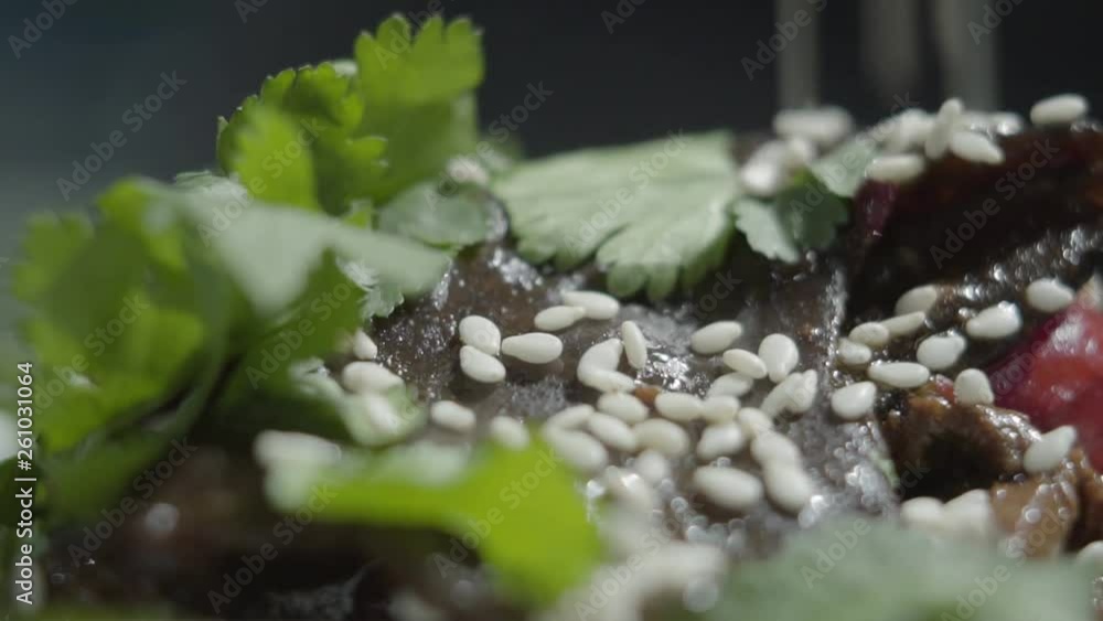 Sesame falling on a delicious dish on a plate in a restaurant or cafe close up. Tasty appetizing healthy food. Sesame falling on a delicious dish on a plate in a restaurant or cafe close up. Tasty appetizing healthy food.
