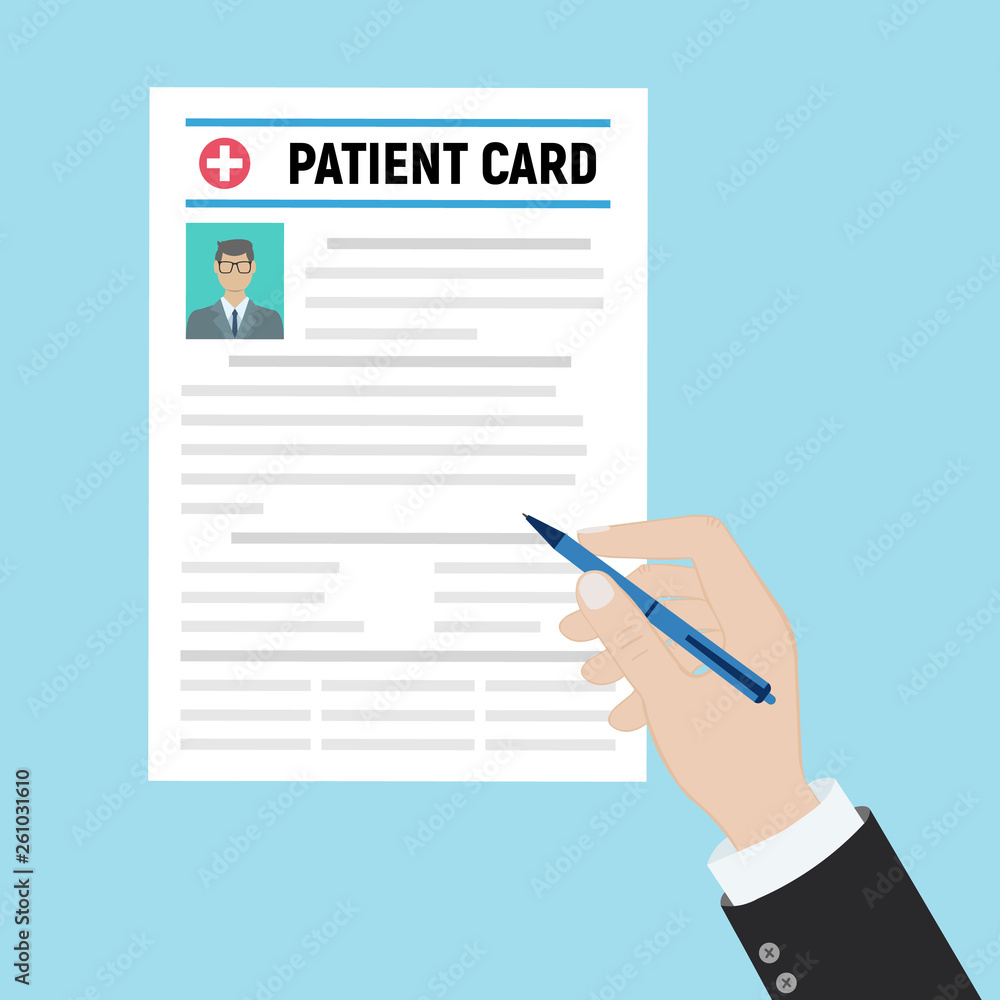 Folder with patient card and doctors hand with magnifying glass. medical report. analysis or prescription concept. vector illustration in flat style.