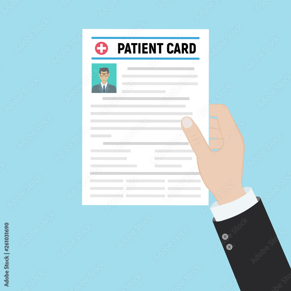 Folder with patient card and doctors hand with magnifying glass. medical report. analysis or prescription concept. vector illustration in flat style. Folder with patient card and doctors hand with magnifying glass. medical report. analysis or prescription concept. vector illustration in flat style.