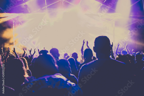 cheering crowd with raised hands at concert - music festival