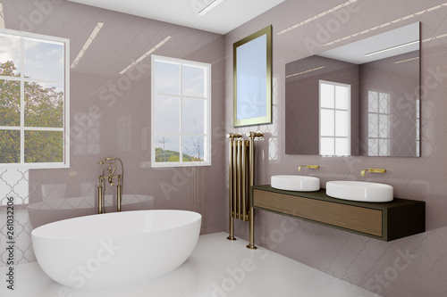 Bathroom with large windows and decorative purple tiles. Golden plumbing.. Blank paintings.  Mockup. 3D rendering